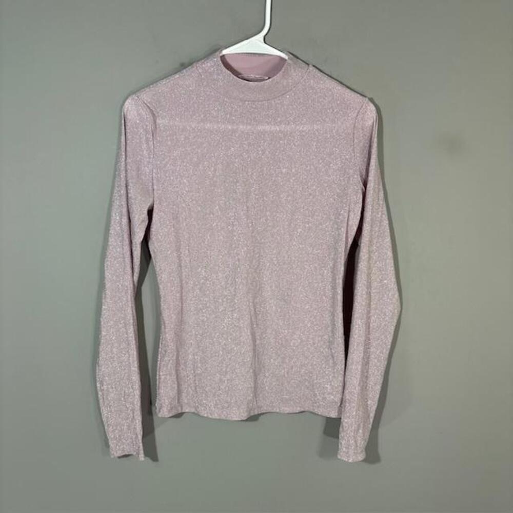 Reformation Shirt Womens Small Pink Glitter Mock Neck Long Sleeve Sheer Top